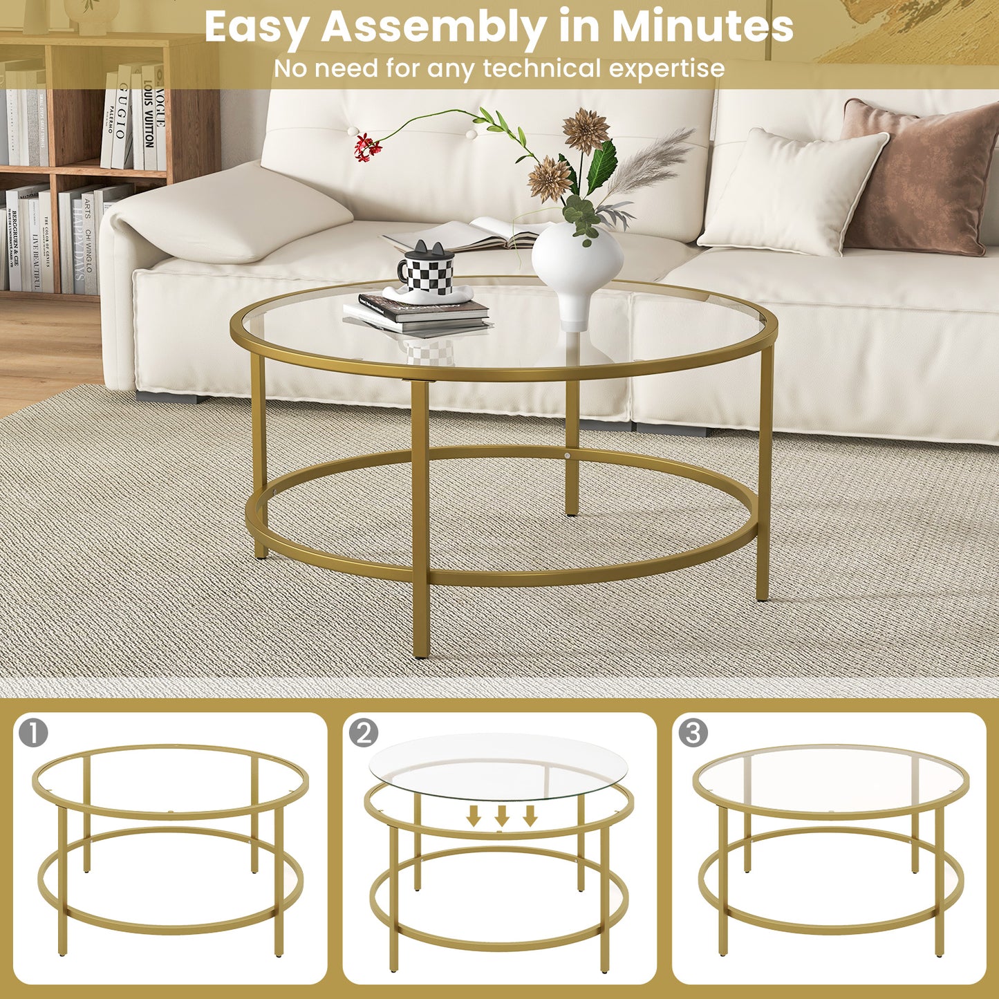 Modern 36 Inch Round Glass Coffee Table with Golden Metal Frame and Tempered Glass Top