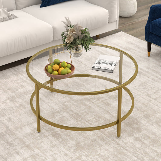 Modern 36 Inch Round Glass Coffee Table with Golden Metal Frame and Tempered Glass Top