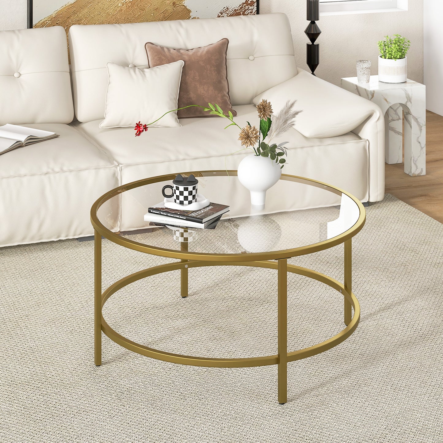 Modern 36 Inch Round Glass Coffee Table with Golden Metal Frame and Tempered Glass Top