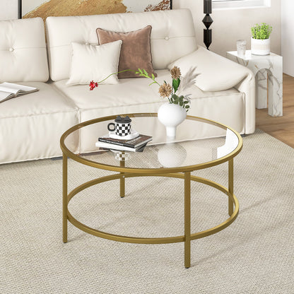 Modern 36 Inch Round Glass Coffee Table with Golden Metal Frame and Tempered Glass Top