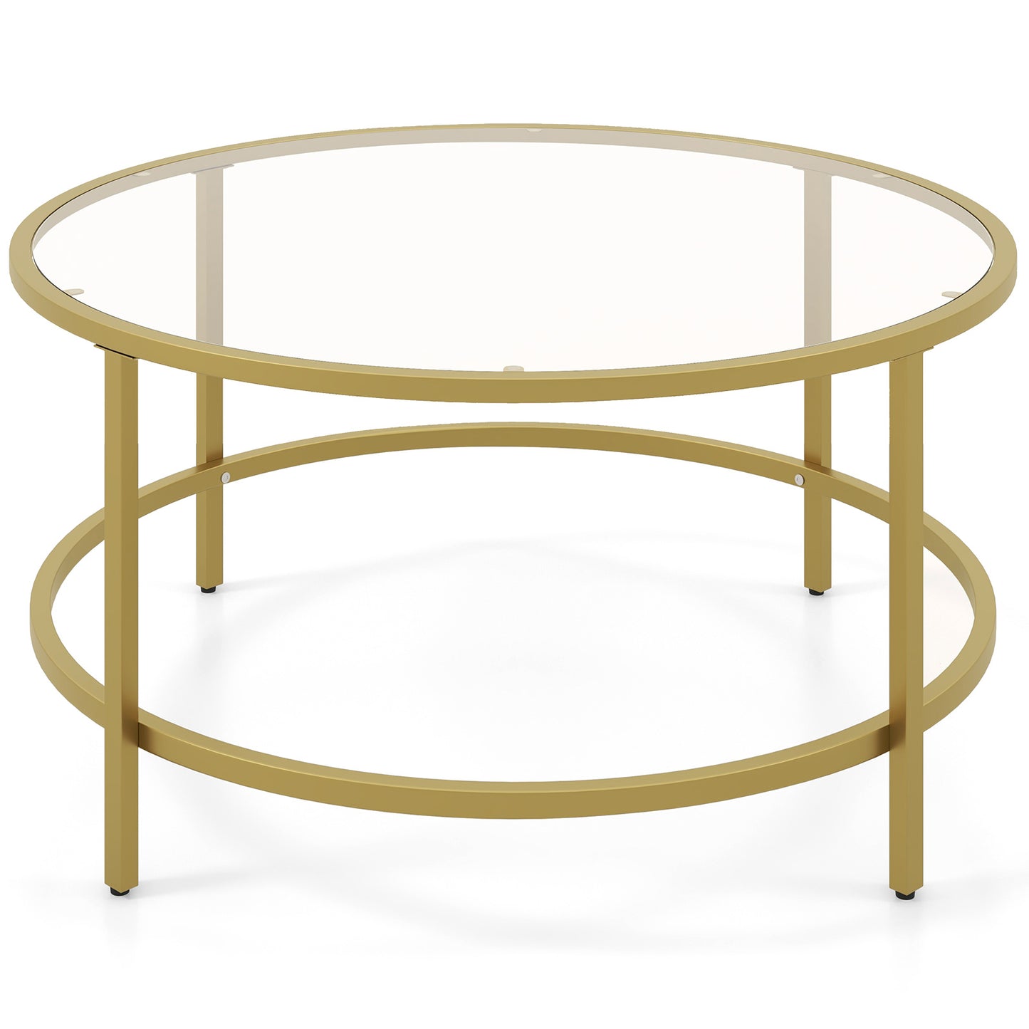 Modern 36 Inch Round Glass Coffee Table with Golden Metal Frame and Tempered Glass Top