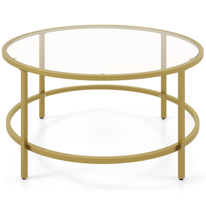 Modern 36 Inch Round Glass Coffee Table with Golden Metal Frame and Tempered Glass Top