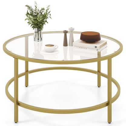 Modern 36 Inch Round Glass Coffee Table with Golden Metal Frame and Tempered Glass Top