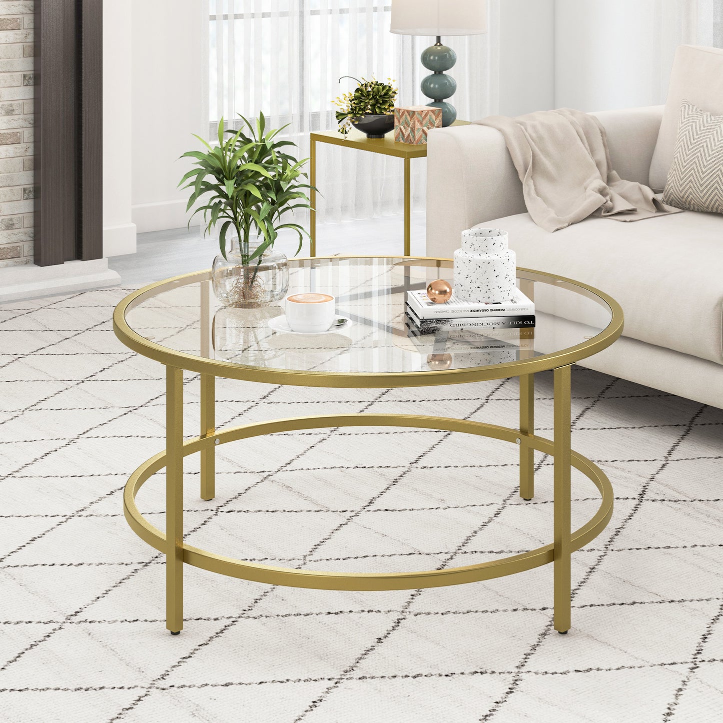 Modern 36 Inch Round Glass Coffee Table with Golden Metal Frame and Tempered Glass Top
