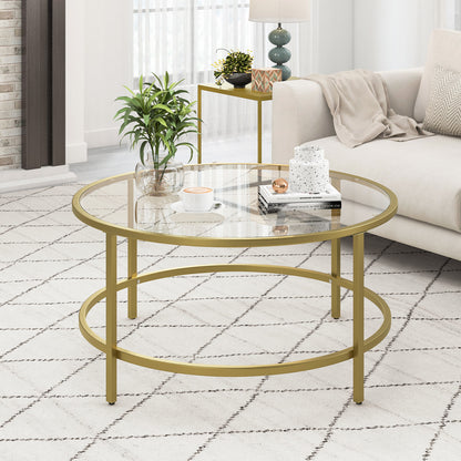 Modern 36 Inch Round Glass Coffee Table with Golden Metal Frame and Tempered Glass Top