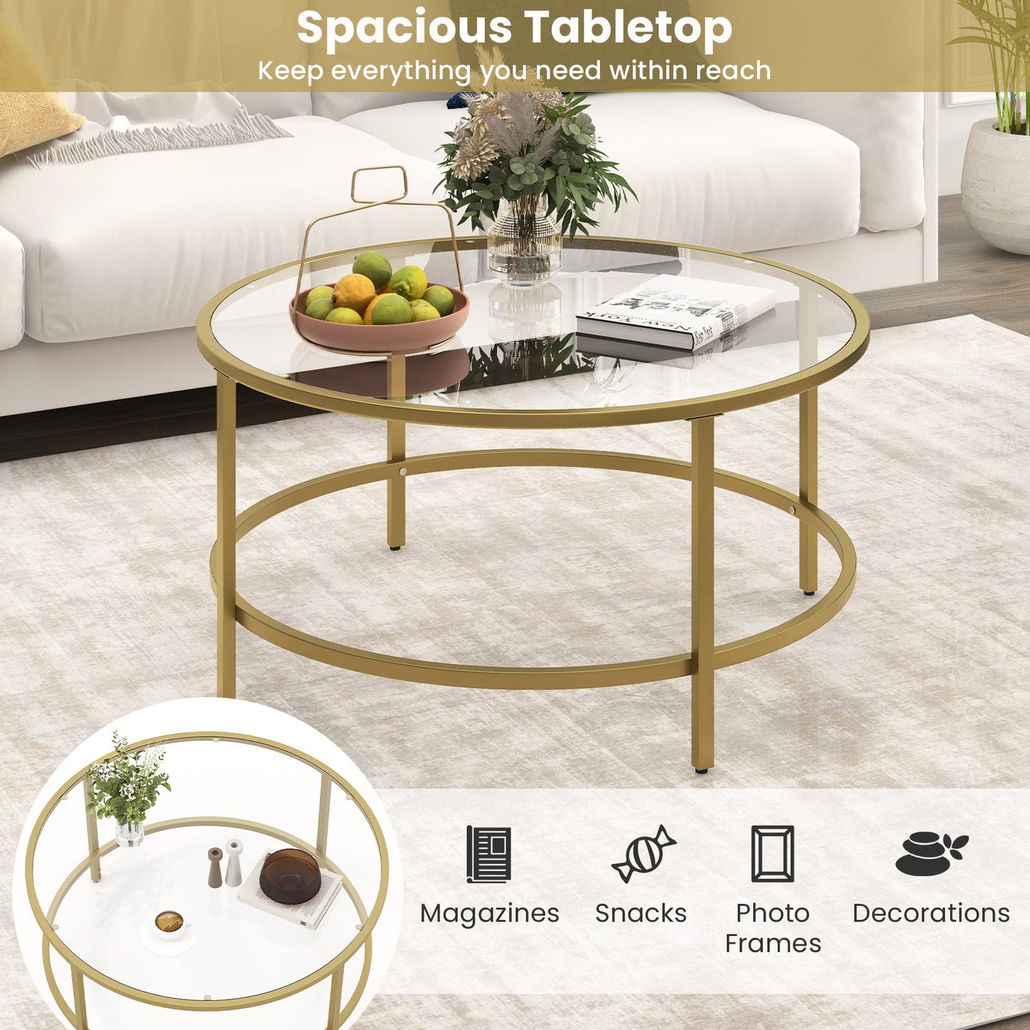 Modern 36 Inch Round Glass Coffee Table with Golden Metal Frame and Tempered Glass Top