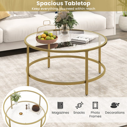 Modern 36 Inch Round Glass Coffee Table with Golden Metal Frame and Tempered Glass Top