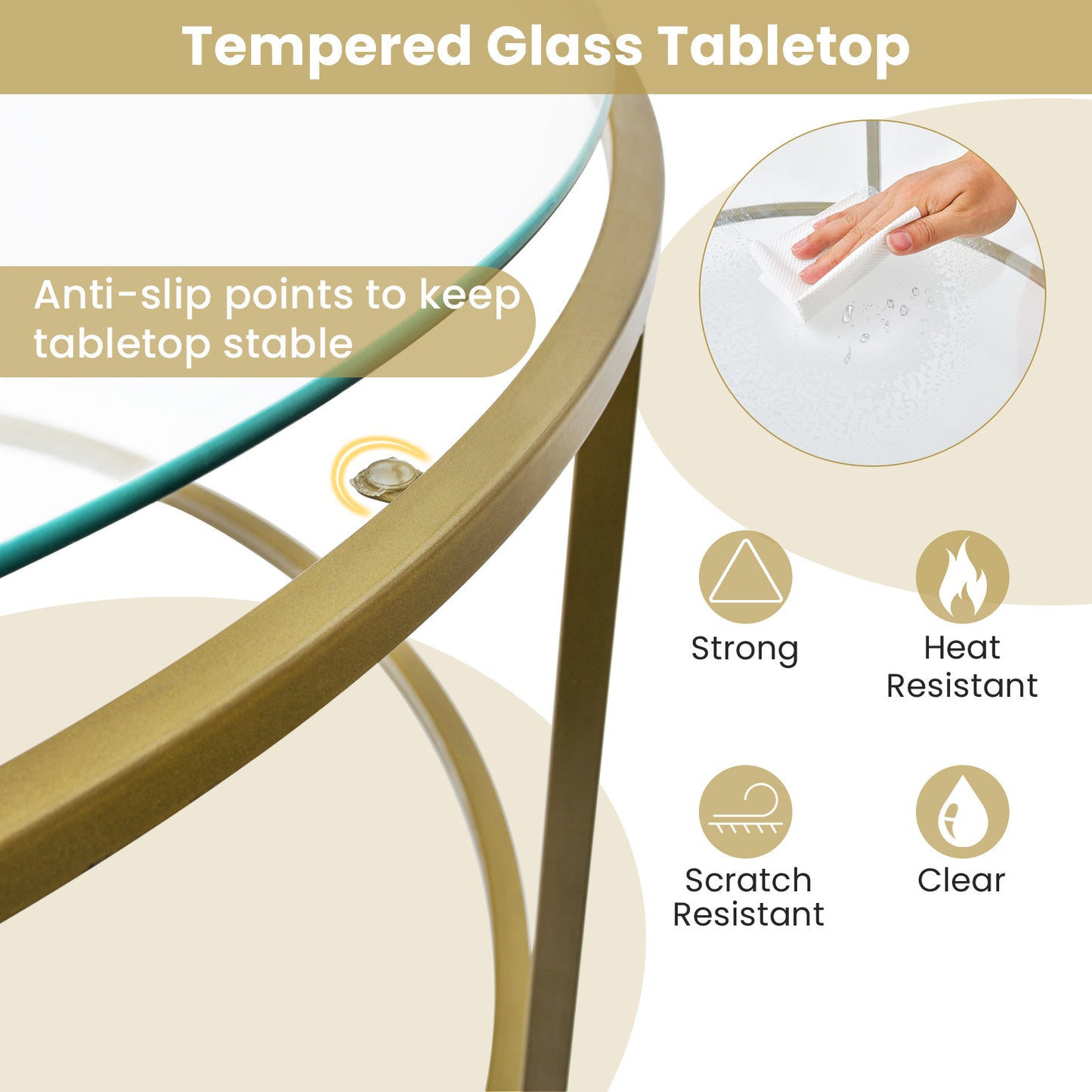 Modern 36 Inch Round Glass Coffee Table with Golden Metal Frame and Tempered Glass Top