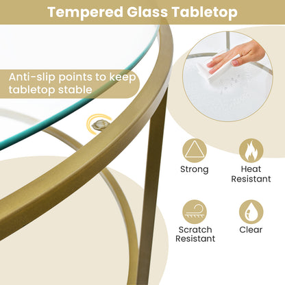 Modern 36 Inch Round Glass Coffee Table with Golden Metal Frame and Tempered Glass Top