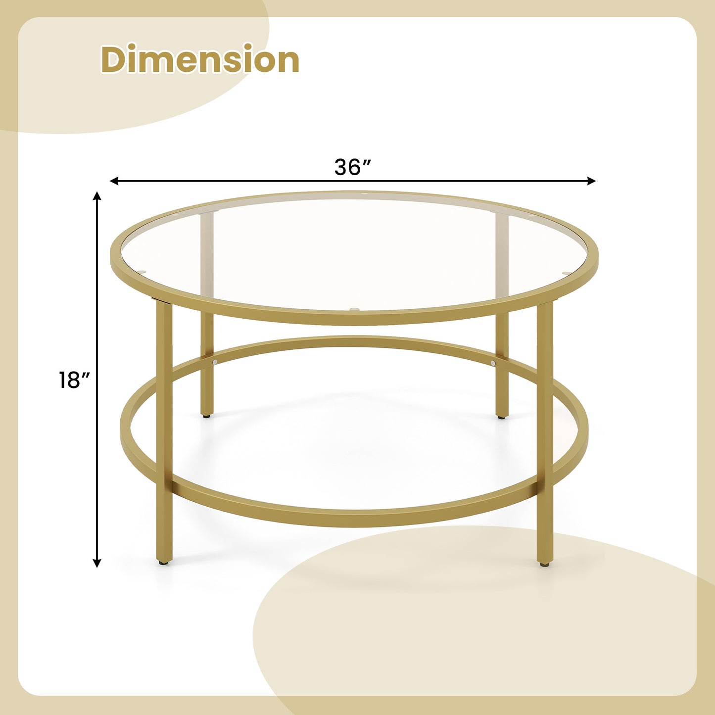 Modern 36 Inch Round Glass Coffee Table with Golden Metal Frame and Tempered Glass Top