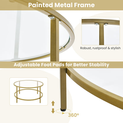 Modern 36 Inch Round Glass Coffee Table with Golden Metal Frame and Tempered Glass Top
