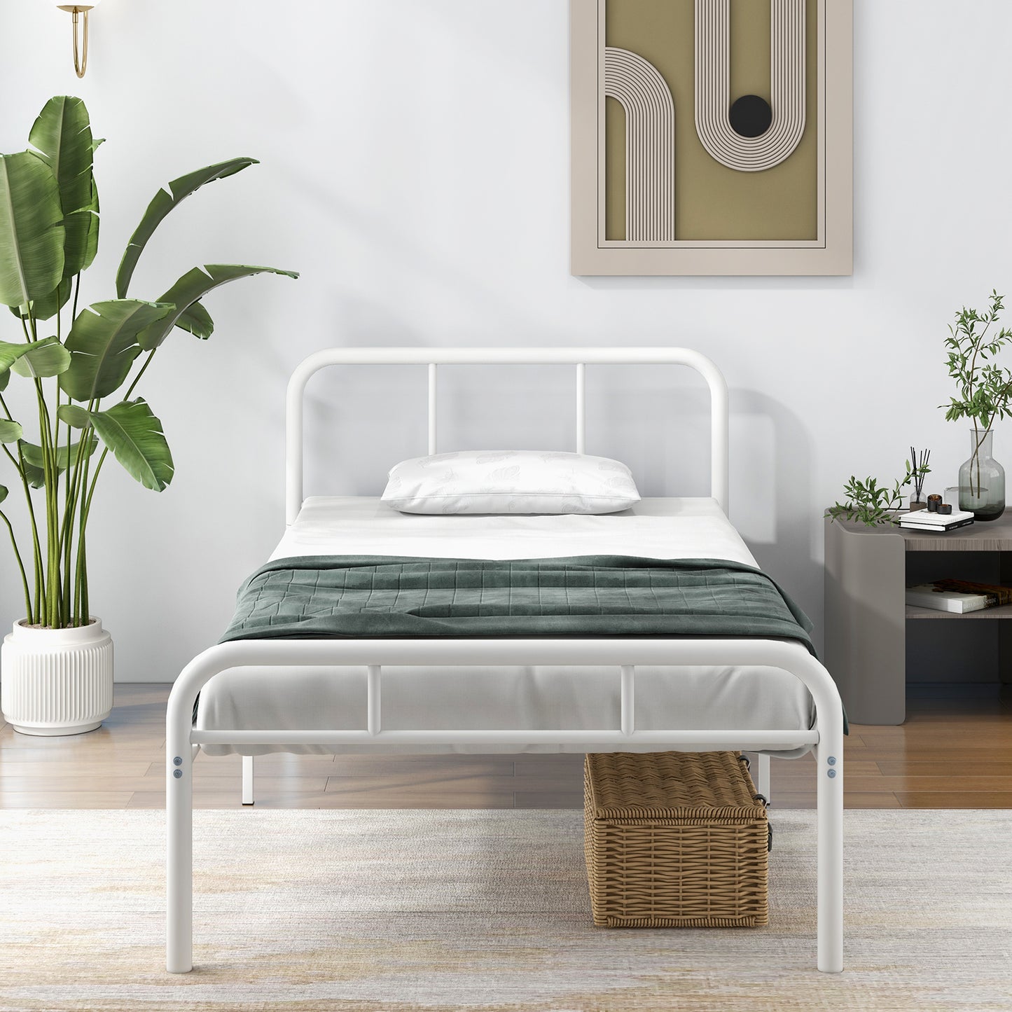 Modern Metal Platform Bed Frame with Headboard and Footboard - Twin Size, White