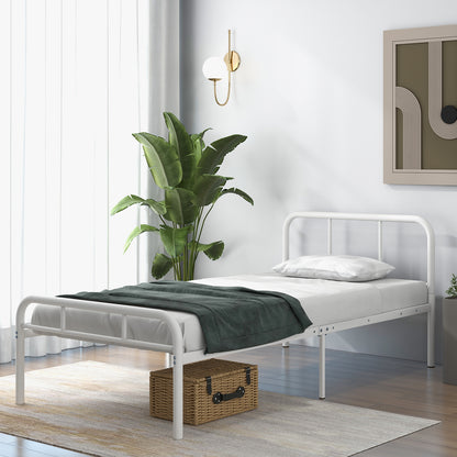 Modern Metal Platform Bed Frame with Headboard and Footboard - Twin Size, White
