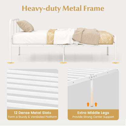 Modern Metal Platform Bed Frame with Headboard and Footboard - Twin Size, White