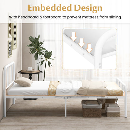 Modern Metal Platform Bed Frame with Headboard and Footboard - Twin Size, White