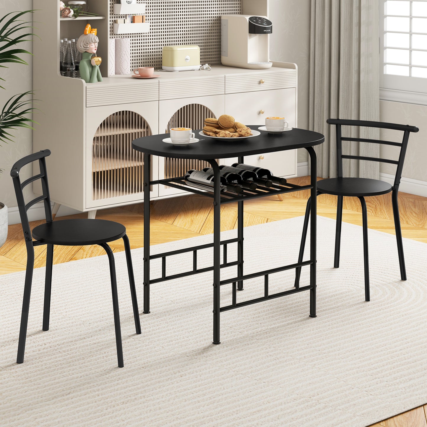Modern 3 Piece Dining Set with Wine Rack and Two Chairs for Small Kitchen or Apartment - Black