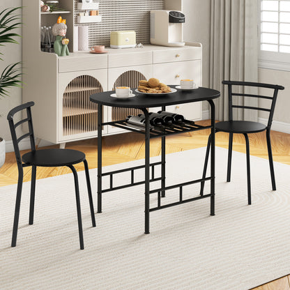 Modern 3 Piece Dining Set with Wine Rack and Two Chairs for Small Kitchen or Apartment - Black