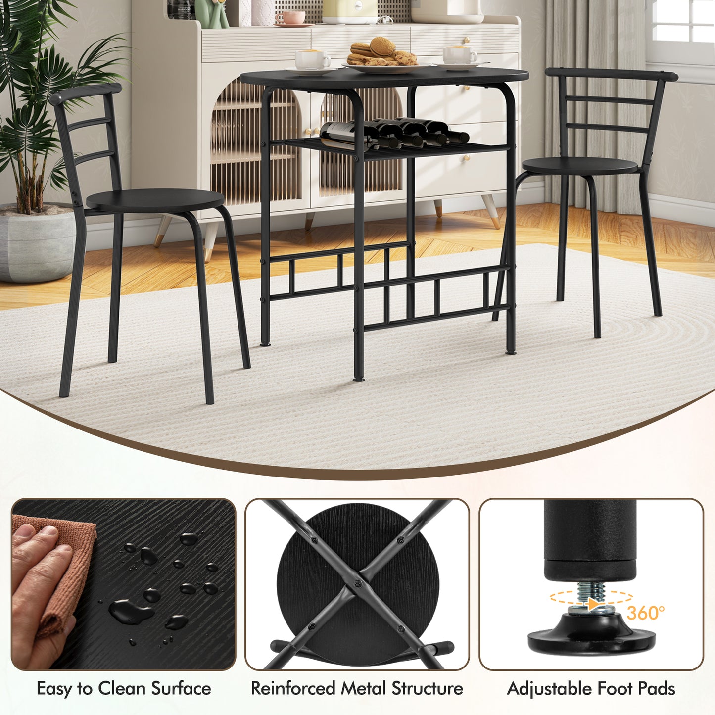 Modern 3 Piece Dining Set with Wine Rack and Two Chairs for Small Kitchen or Apartment - Black
