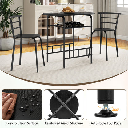 Modern 3 Piece Dining Set with Wine Rack and Two Chairs for Small Kitchen or Apartment - Black