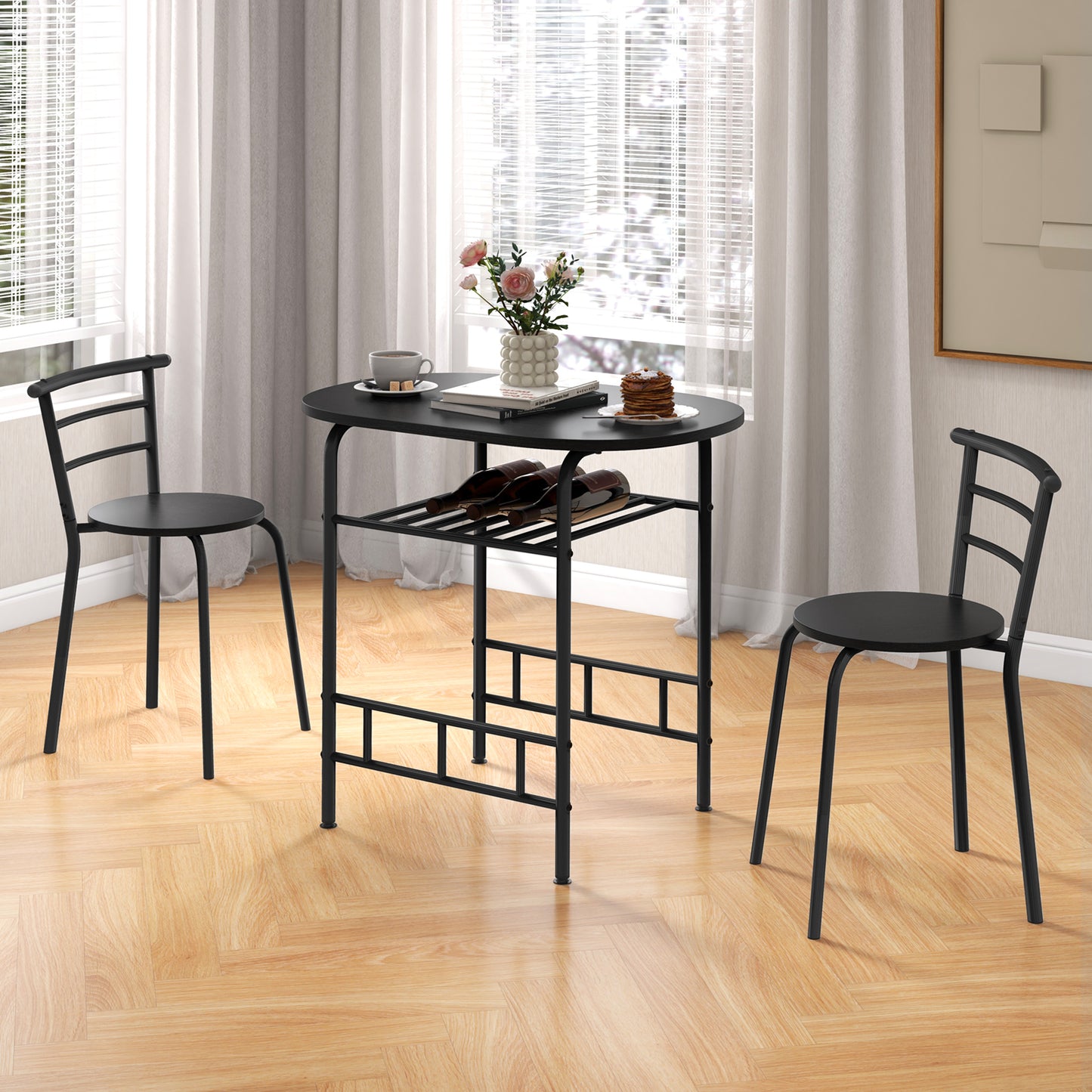 Modern 3 Piece Dining Set with Wine Rack and Two Chairs for Small Kitchen or Apartment - Black