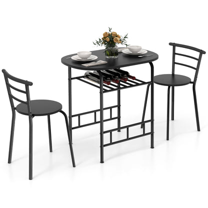 Modern 3 Piece Dining Set with Wine Rack and Two Chairs for Small Kitchen or Apartment - Black