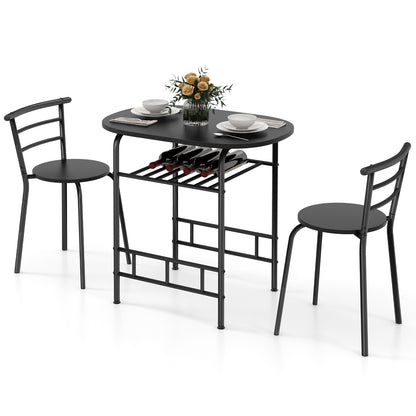 Modern 3 Piece Dining Set with Wine Rack and Two Chairs for Small Kitchen or Apartment - Black