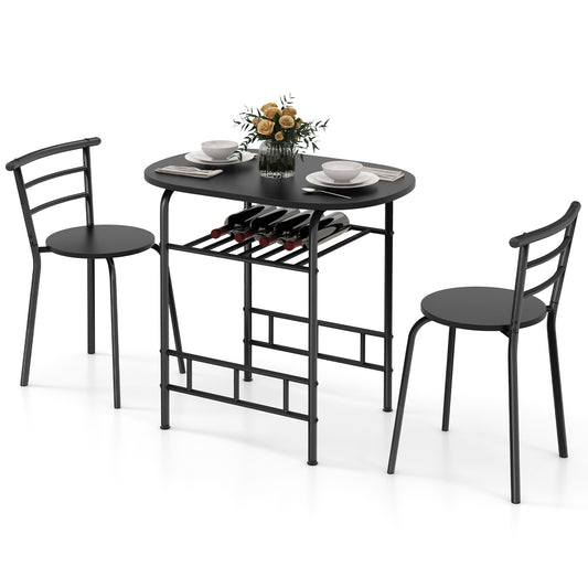 Modern 3 Piece Dining Set with Wine Rack and Two Chairs for Small Kitchen or Apartment - Black