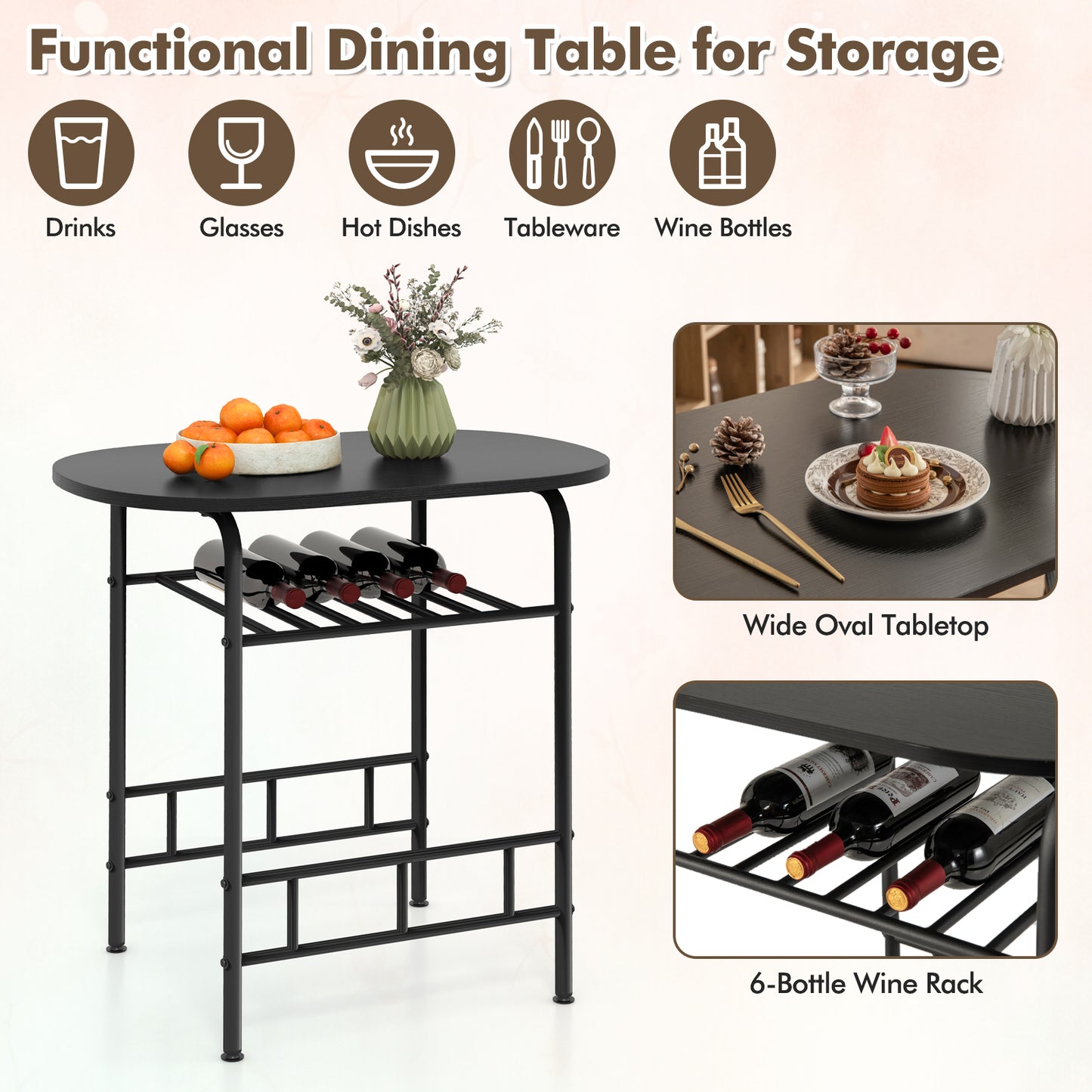 Modern 3 Piece Dining Set with Wine Rack and Two Chairs for Small Kitchen or Apartment - Black