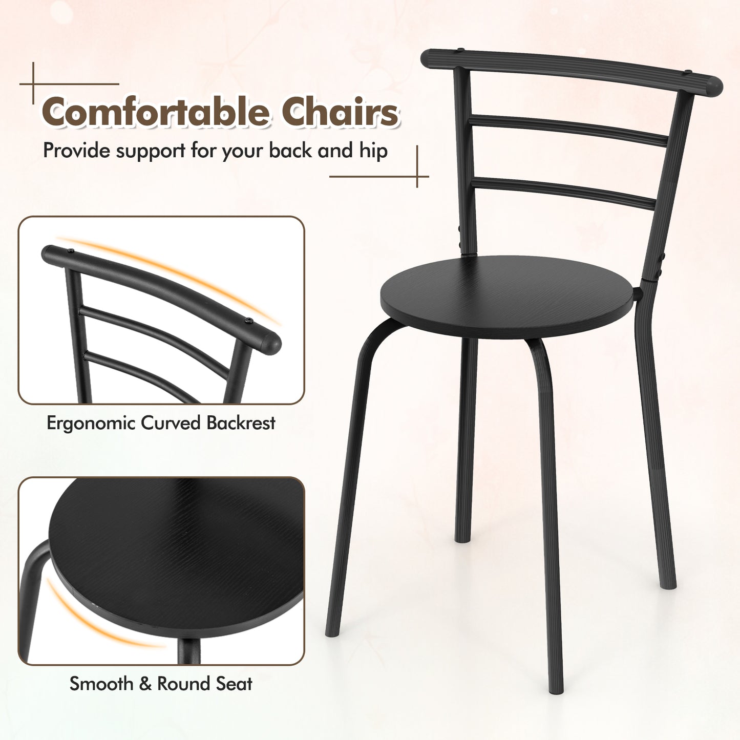 Modern 3 Piece Dining Set with Wine Rack and Two Chairs for Small Kitchen or Apartment - Black