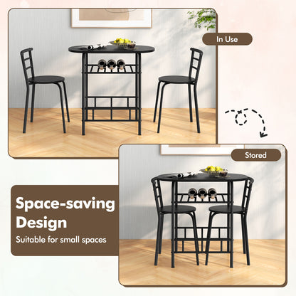 Modern 3 Piece Dining Set with Wine Rack and Two Chairs for Small Kitchen or Apartment - Black
