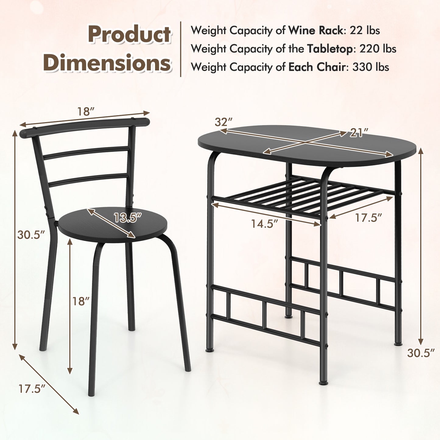 Modern 3 Piece Dining Set with Wine Rack and Two Chairs for Small Kitchen or Apartment - Black