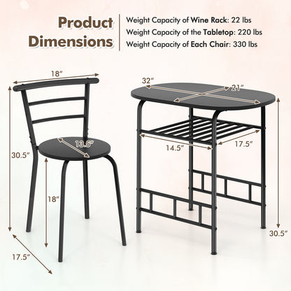 Modern 3 Piece Dining Set with Wine Rack and Two Chairs for Small Kitchen or Apartment - Black