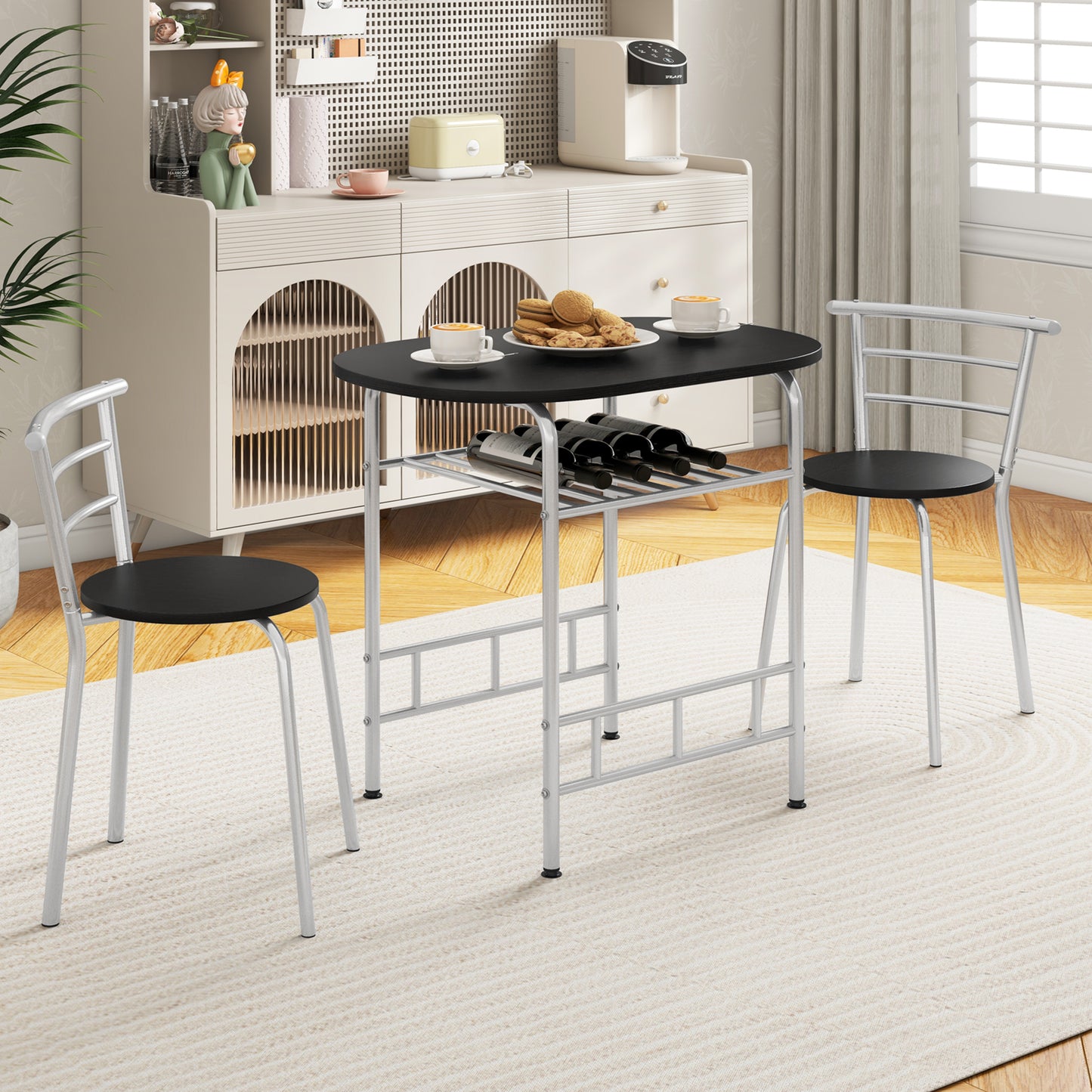 Modern 3 Piece Dining Set with Wine Rack and Two Chairs for Small Kitchen or Apartment - Silver