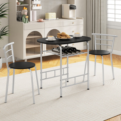 Modern 3 Piece Dining Set with Wine Rack and Two Chairs for Small Kitchen or Apartment - Silver