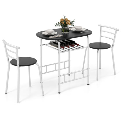 Modern 3 Piece Dining Set with Wine Rack and Two Chairs for Small Kitchen or Apartment - Silver