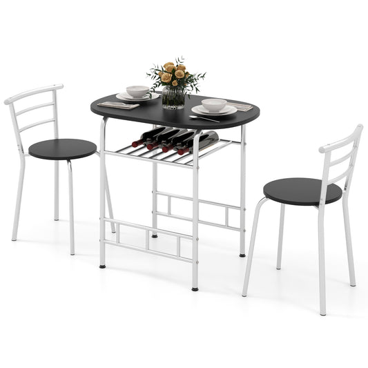 Modern 3 Piece Dining Set with Wine Rack and Two Chairs for Small Kitchen or Apartment - Silver