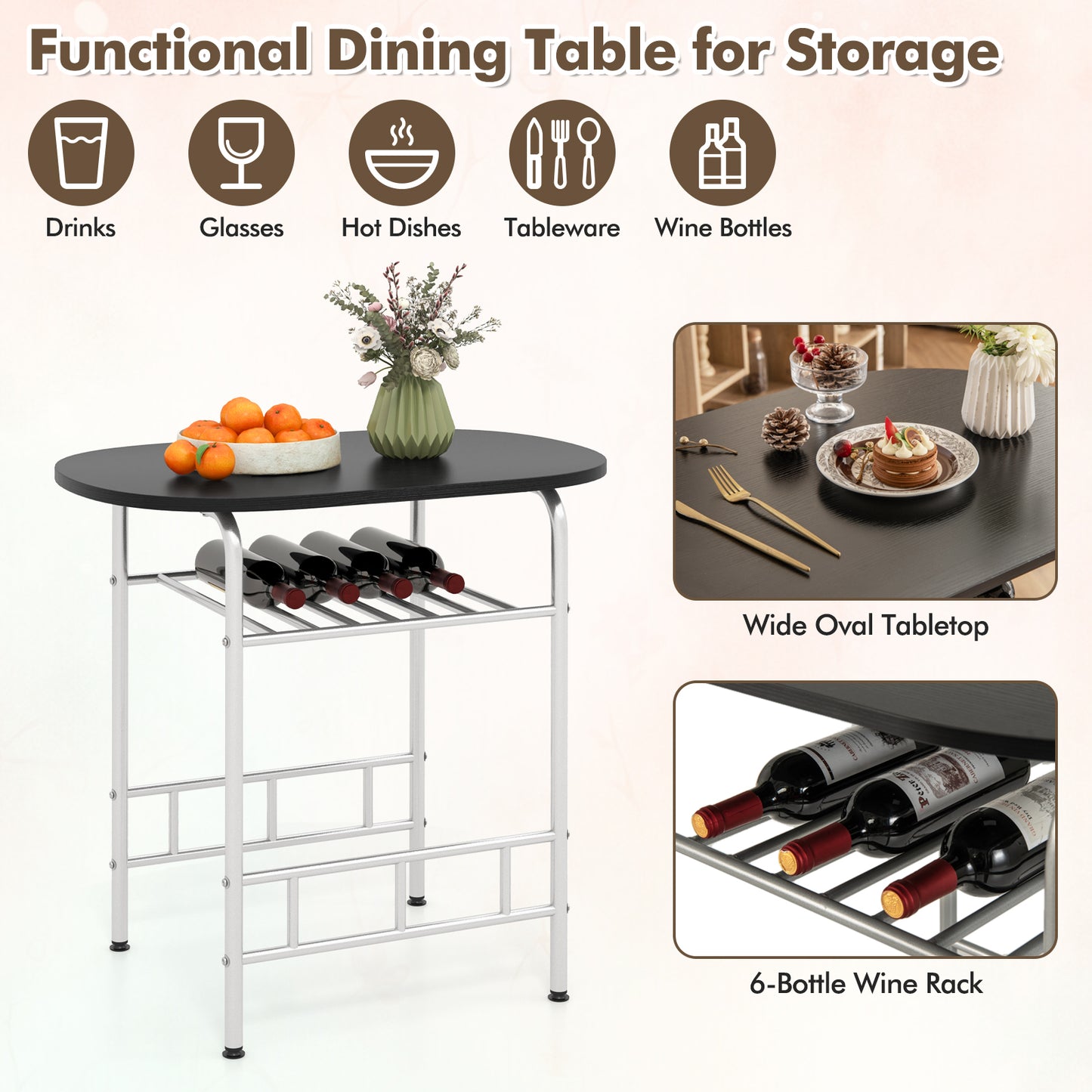 Modern 3 Piece Dining Set with Wine Rack and Two Chairs for Small Kitchen or Apartment - Silver