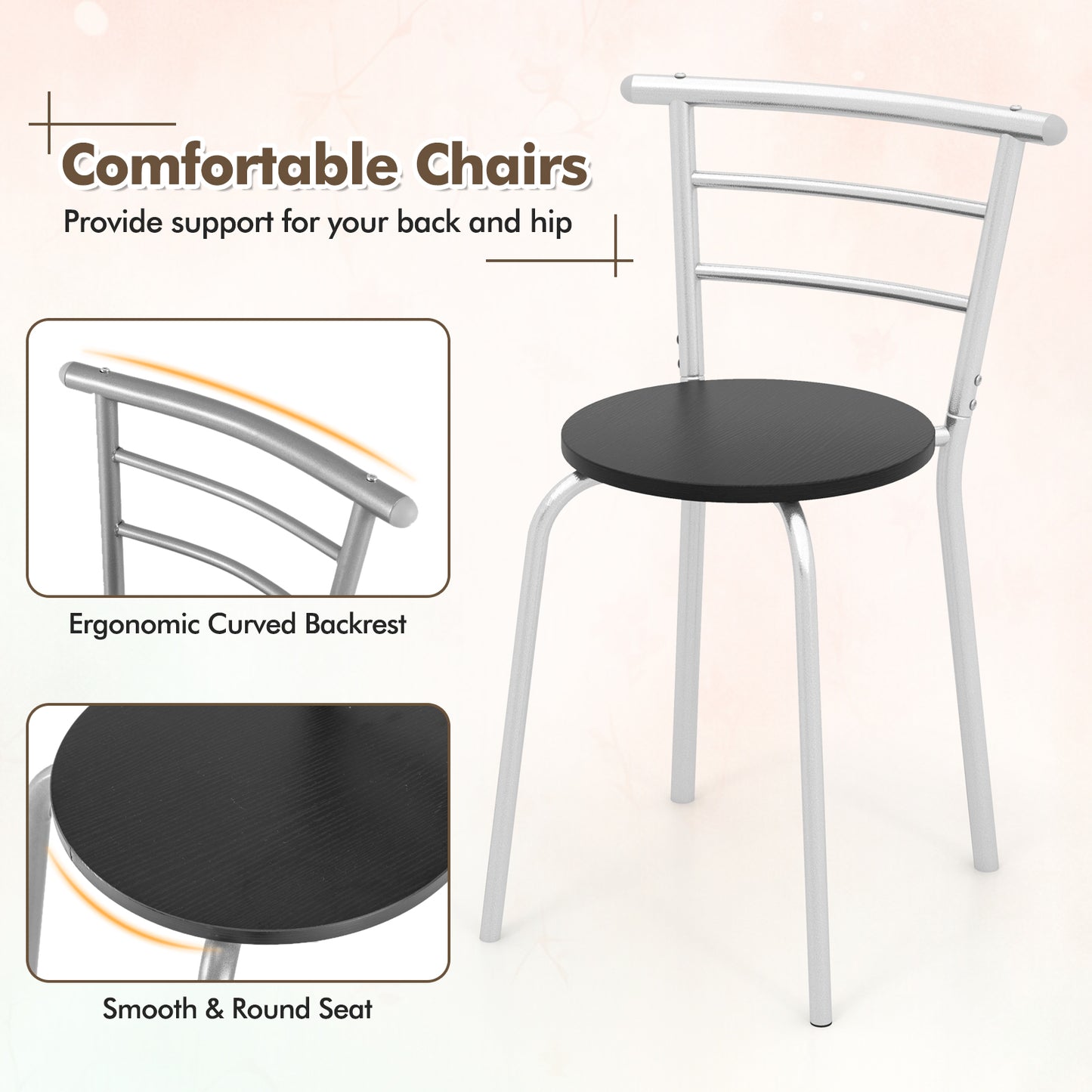 Modern 3 Piece Dining Set with Wine Rack and Two Chairs for Small Kitchen or Apartment - Silver