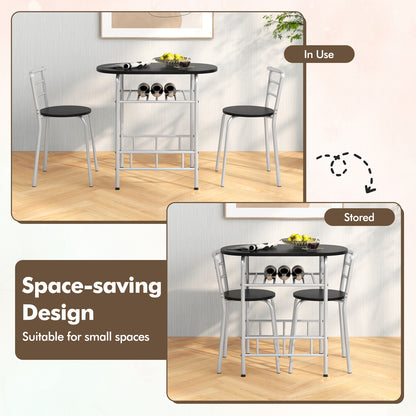 Modern 3 Piece Dining Set with Wine Rack and Two Chairs for Small Kitchen or Apartment - Silver