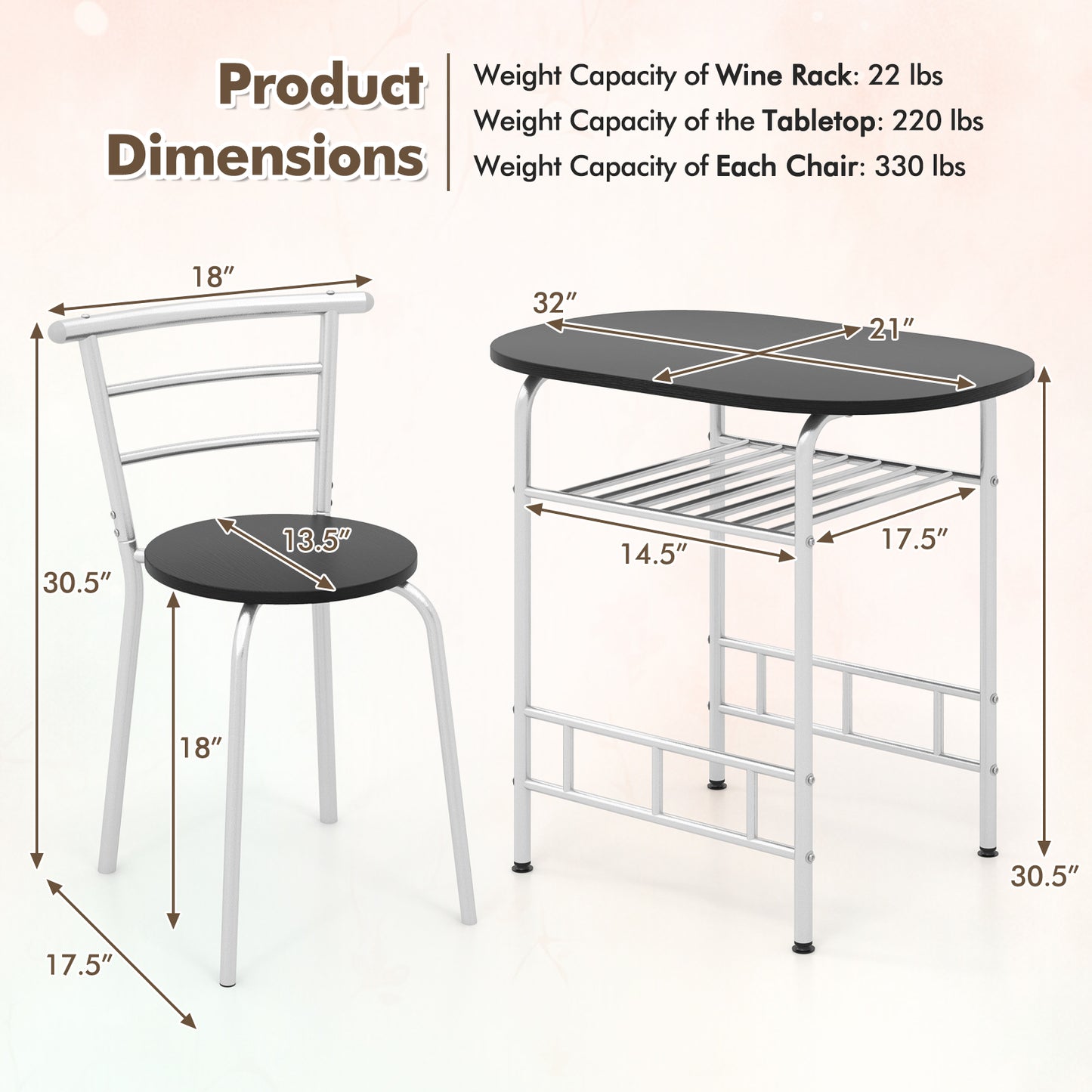Modern 3 Piece Dining Set with Wine Rack and Two Chairs for Small Kitchen or Apartment - Silver