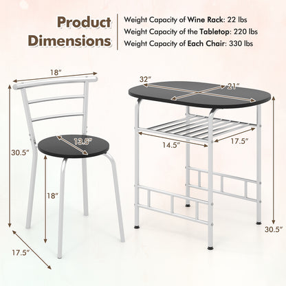 Modern 3 Piece Dining Set with Wine Rack and Two Chairs for Small Kitchen or Apartment - Silver