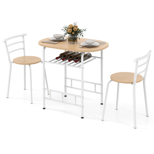 Modern 3 Piece Dining Set with Wine Rack and Two Chairs for Small Kitchen or Apartment - Tan