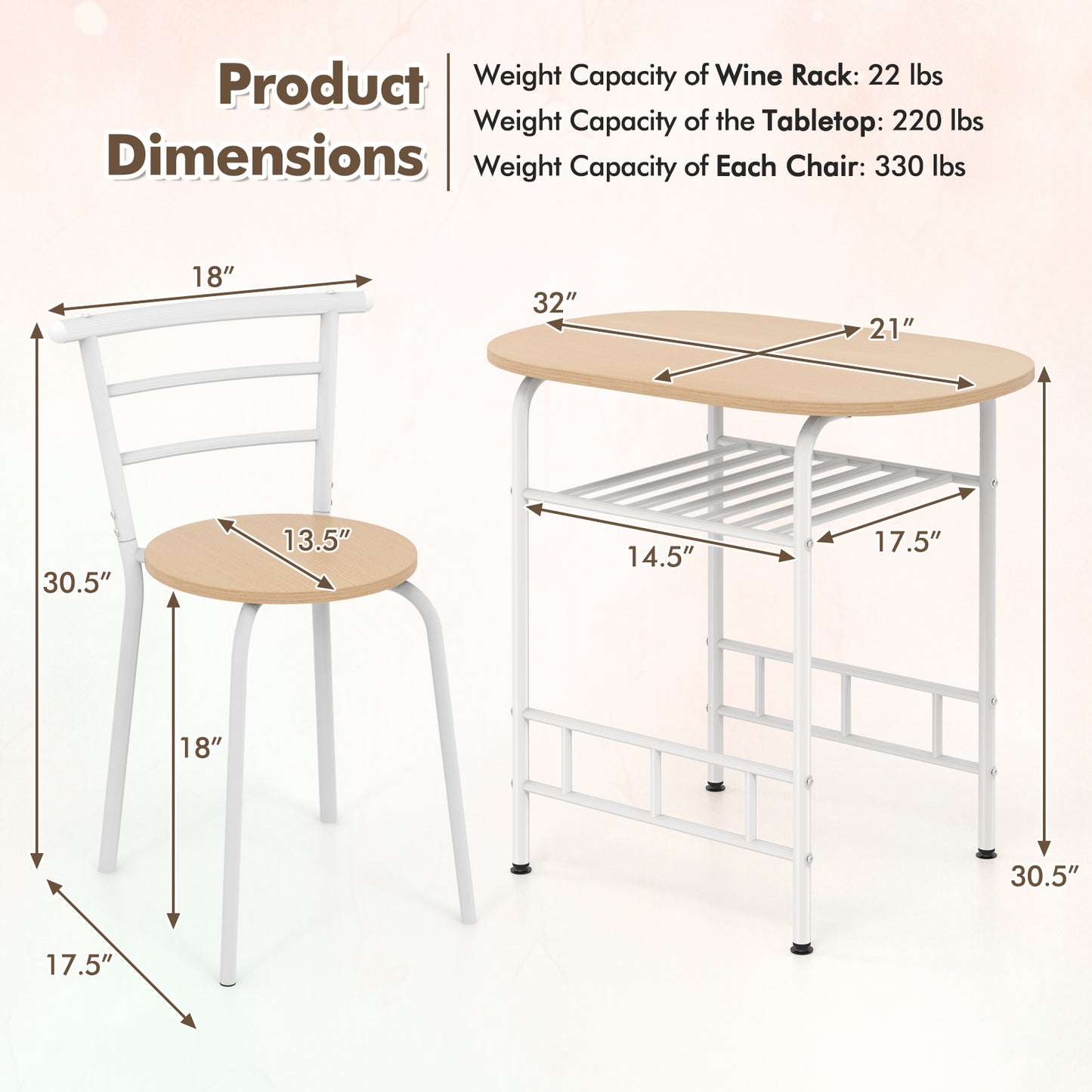 Modern 3 Piece Dining Set with Wine Rack and Two Chairs for Small Kitchen or Apartment - Tan