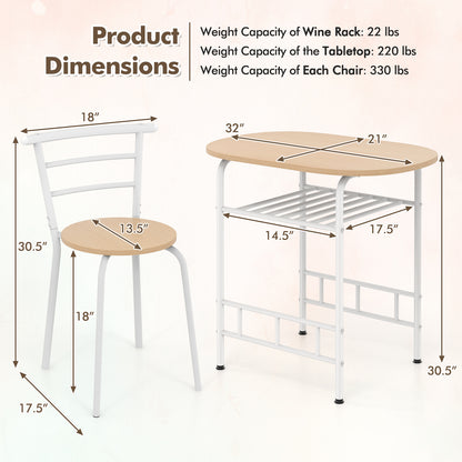 Modern 3 Piece Dining Set with Wine Rack and Two Chairs for Small Kitchen or Apartment - Tan