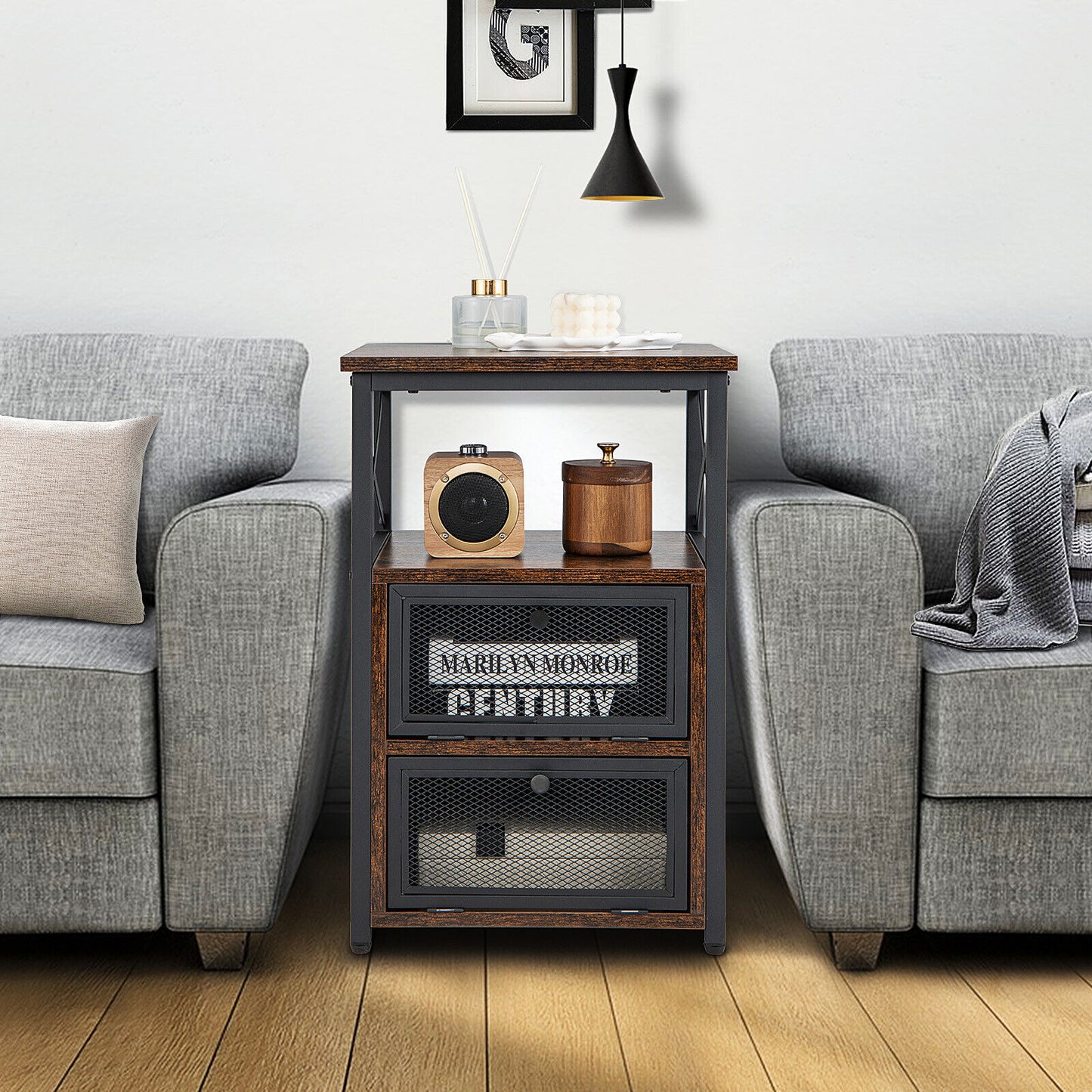 Set of 2 Bedside Tables with Flip Drawer Storage and Open Shelf Modern Industrial Design