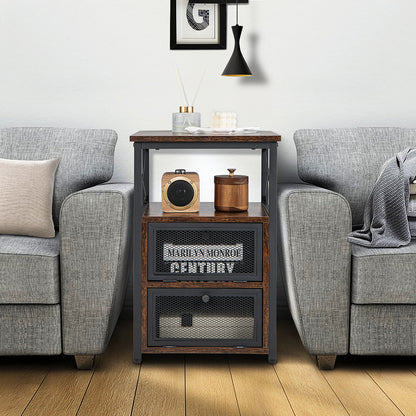 Set of 2 Bedside Tables with Flip Drawer Storage and Open Shelf Modern Industrial Design