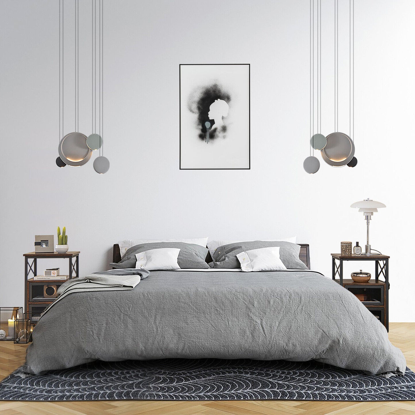 Set of 2 Bedside Tables with Flip Drawer Storage and Open Shelf Modern Industrial Design