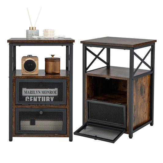 Set of 2 Bedside Tables with Flip Drawer Storage and Open Shelf Modern Industrial Design