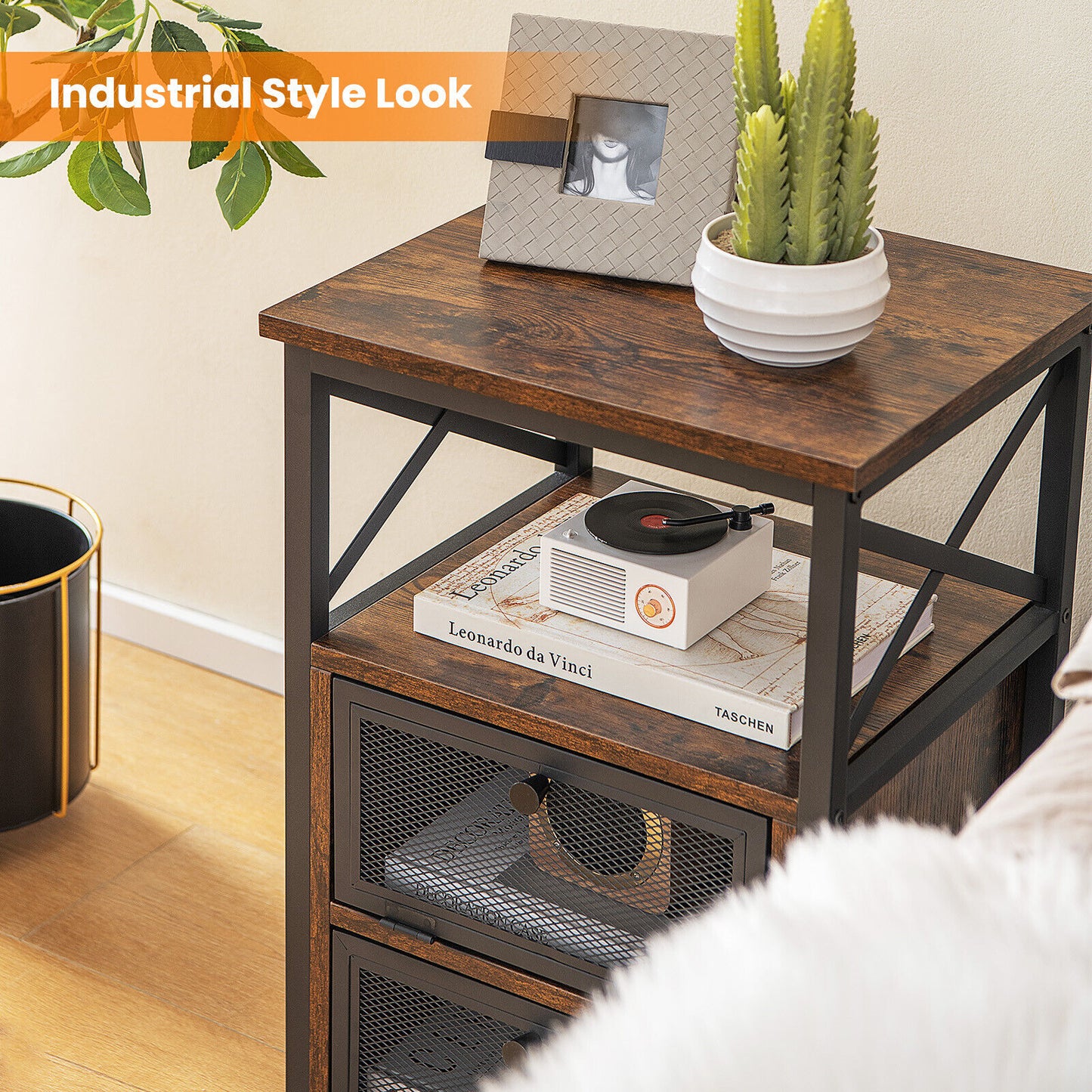 Set of 2 Bedside Tables with Flip Drawer Storage and Open Shelf Modern Industrial Design