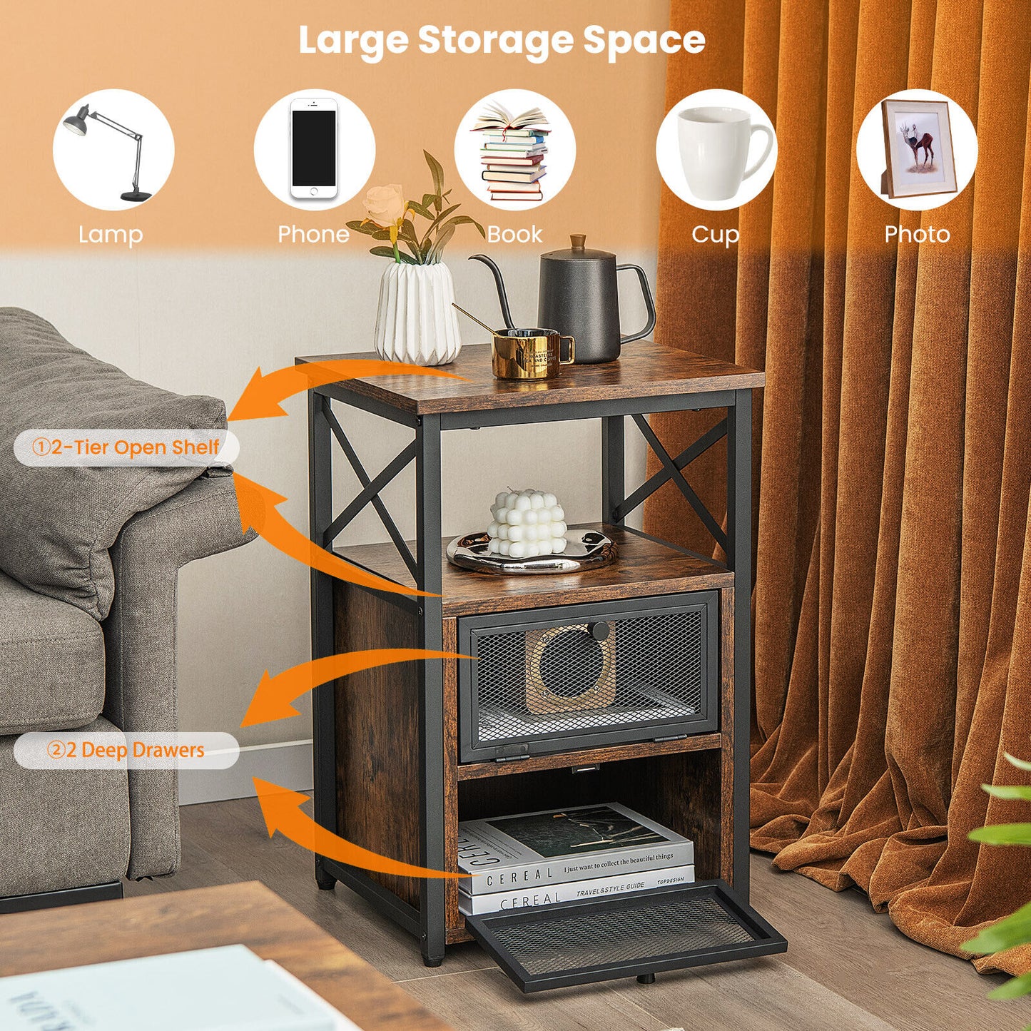 Set of 2 Bedside Tables with Flip Drawer Storage and Open Shelf Modern Industrial Design
